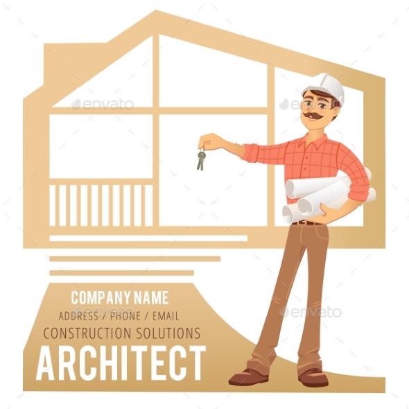 Architect in Helmet with Blueprints and Keys - People Characters
