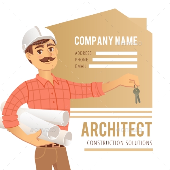 Architect in Helmet with Blueprints and Keys - People Characters