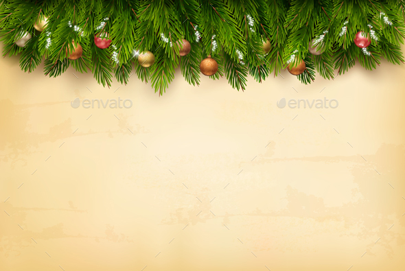 Decorated Christmas Tree Branches on an Old Paper - Christmas Seasons/Holidays