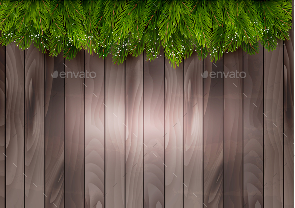 Christmas Tree Branches On a Wooden Backdrop - Christmas Seasons/Holidays