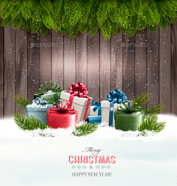 Christmas Background With Gift Boxes And Branches_of Tree - Christmas Seasons/Holidays