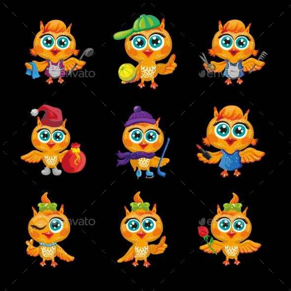 Vector Set Of Cute Owls. Cartoon Characters - People Characters