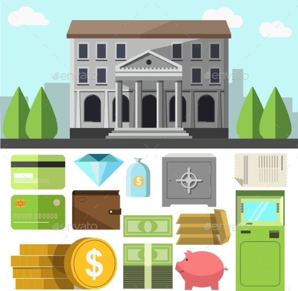 Bank Building And Icons Set. - Symbols Logo Templates
