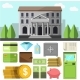 Bank Building And Icons Set.