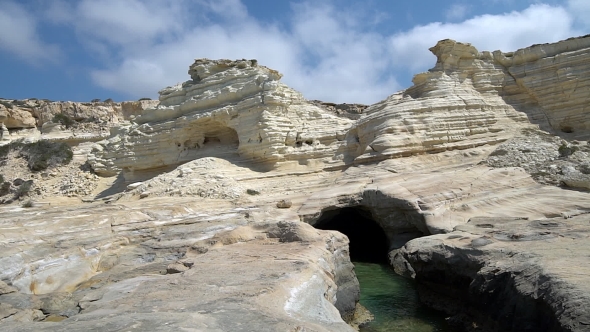 White Beach. Mediterranean Sea. Sea Landscape Of Cyprus With a Rocky Shore.