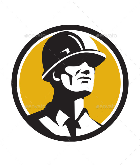 Builder Hardhat Looking Forward Circle Retro - People Characters