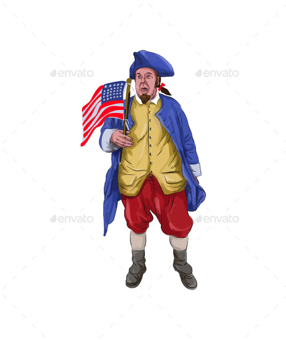 American Patriot Shouting Holding Flag Watercolor - People Characters