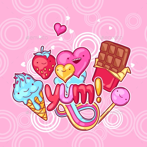 Kawaii Background with Sweets and Candies - Miscellaneous Characters