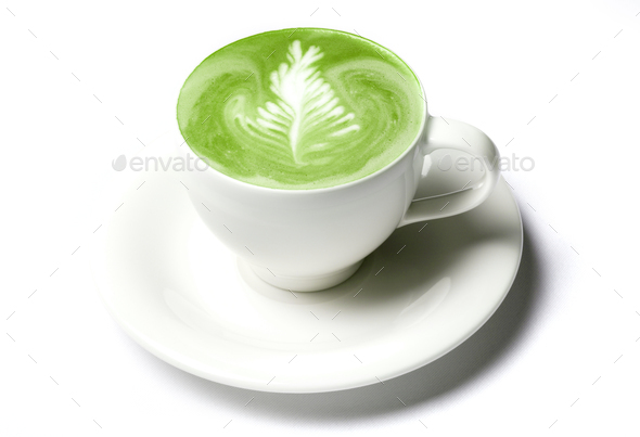 Japanese matcha green tea latte in white cup on gray background Stock Photo  by nblxer