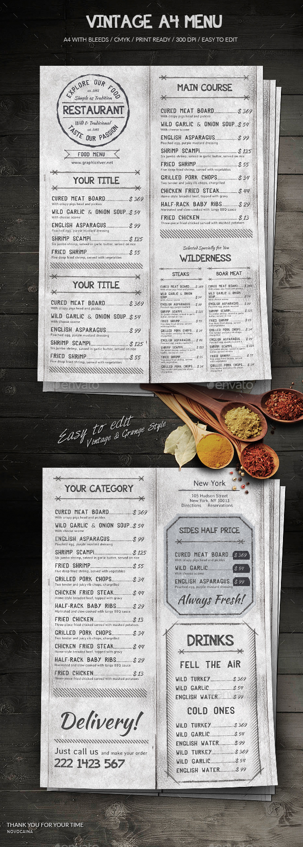 Vintage A4 Menu - Food Menus Print Templates