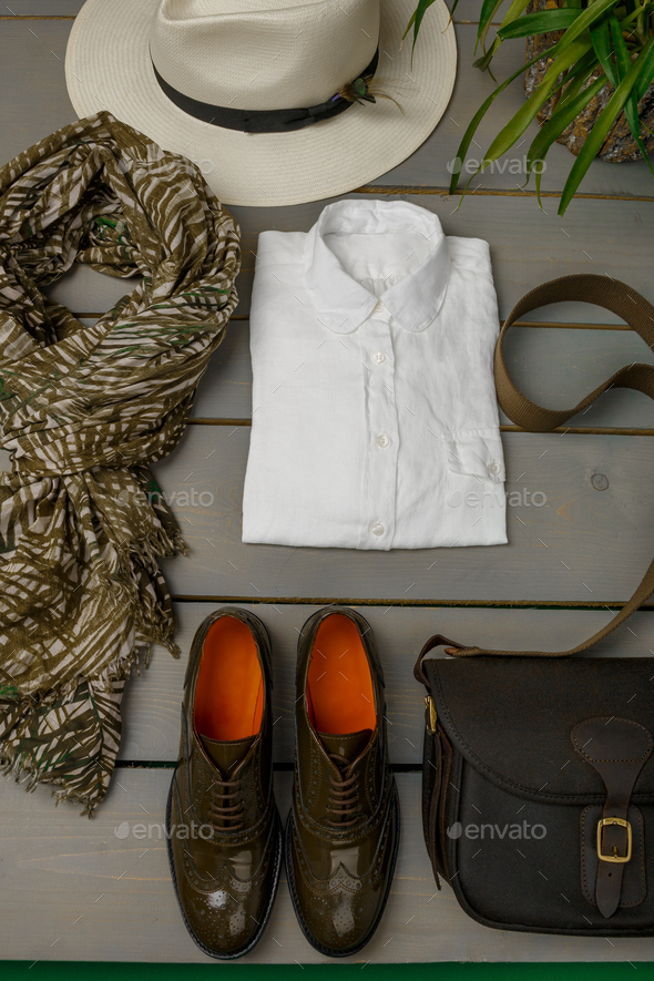 Women's outfit on wooden background. fashion clothes. - Stock Photo - Images