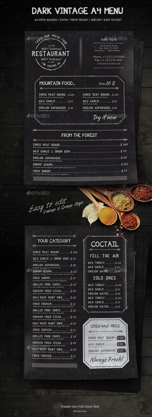 Dark Vintage A4 Menu - Food Menus Print Templates