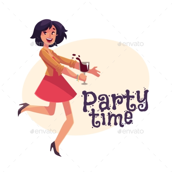 Young Girl Dancing at Party with Wine - People Characters