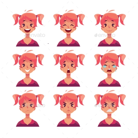 Red-Haired Girl with Ponytails Face Expressions - People Characters