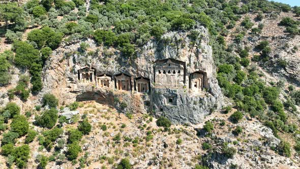 Dalyan, Mugla. Turkey. Shooting of Dalyan Rock Tombs with drone. Kaunos ancient city aerial view. alt