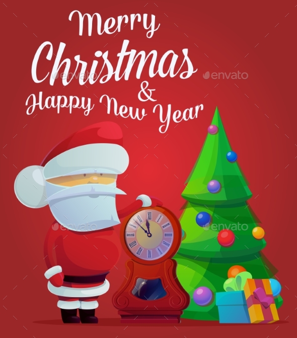 New Year Santa Claus with Fir Tree and Decorations - Christmas Seasons/Holidays