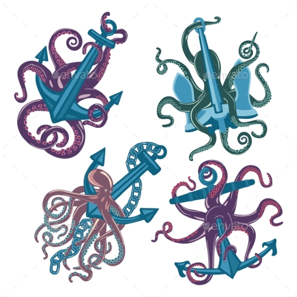 Set of Cartoon Blue Octopus with Anchors - Monsters Characters