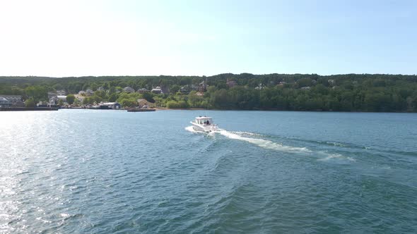 Aerial view of a boat sailing in Lake Superior, Apostole island area, discover and visit wisconsin, alt