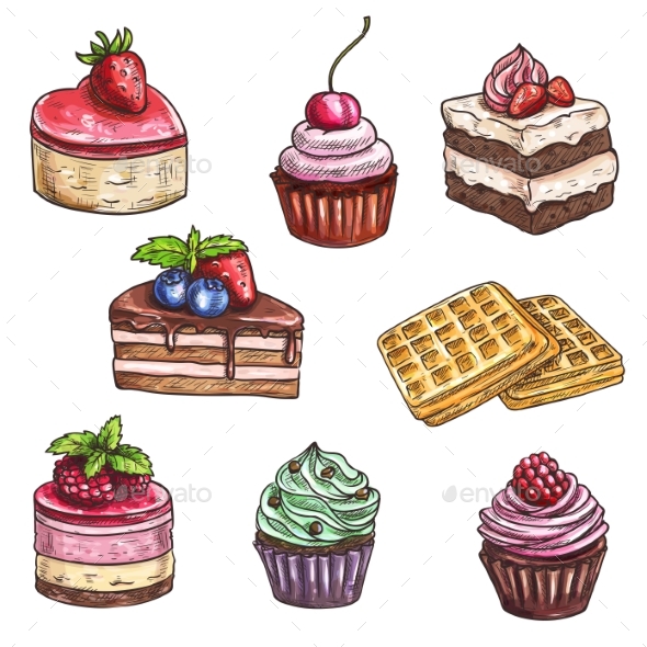 Dessert Cakes, Cupcakes Isolated Vector Sketch - Birthdays Seasons/Holidays
