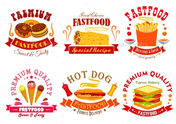 Fast Food Menu Icons, Labels, Emblems Set - Food Objects