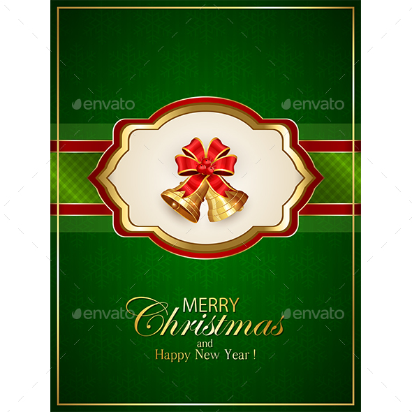 Card with Christmas Bells and Bow on Green Background - Christmas Seasons/Holidays