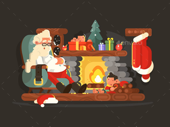 Santa Claus on Chair Near Fireplace - Christmas Seasons/Holidays