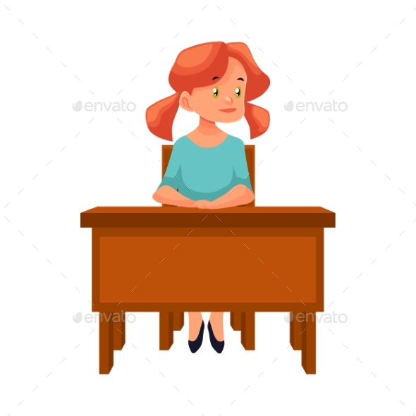 School Girl Sitting at The Desk Listening - People Characters