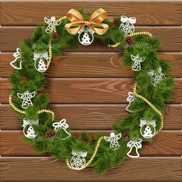Vector Christmas Wreath on Wooden Board - Christmas Seasons/Holidays