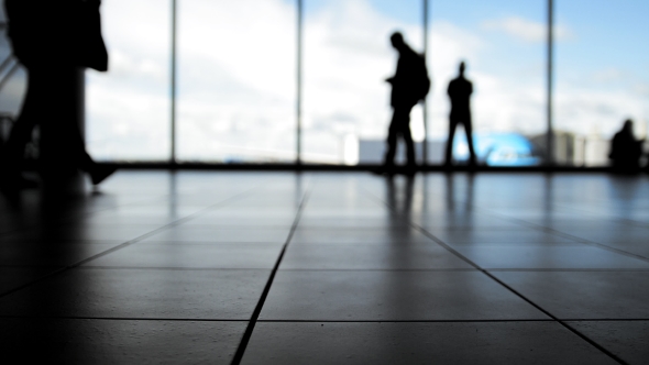 Passengers Follow To Boarding With Baggage In Front Of Window In Airport, Silhouette alt