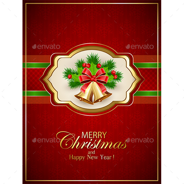 Card with Christmas Bells and Holly Berries on Red Background - Christmas Seasons/Holidays