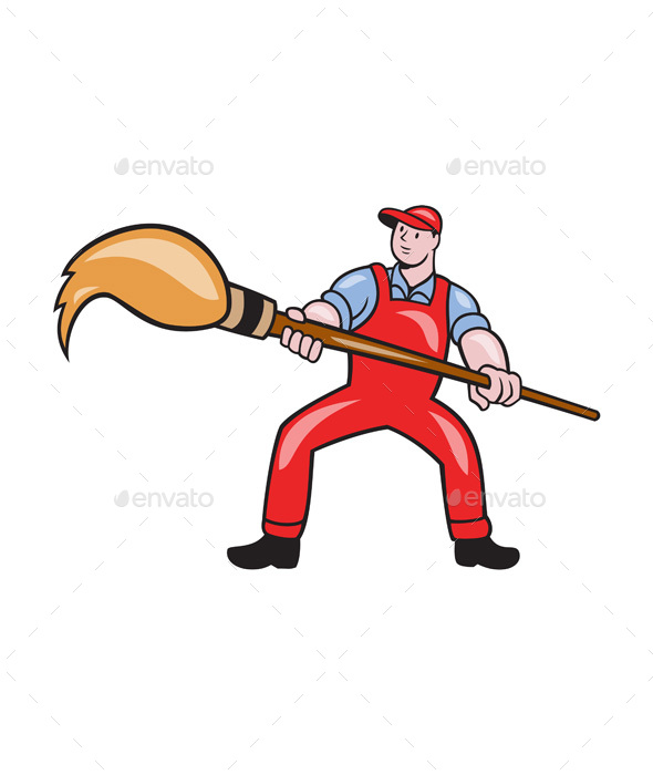 Artist Painter Standing Giant Paintbrush Cartoon - People Characters