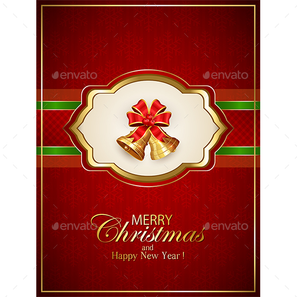 Card with Christmas Bells and Bow on Red Background - Christmas Seasons/Holidays