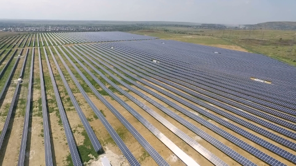 Aerial Shot Of Solar Power Plant.