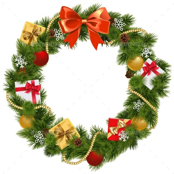 Vector Christmas Wreath with Red Bow - Christmas Seasons/Holidays