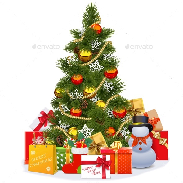 Vector Christmas Tree with Snowman - Christmas Seasons/Holidays