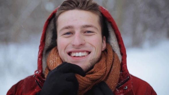Happy Man In Winter Jacket With Hood Outdoors 12, Stock Footage | VideoHive