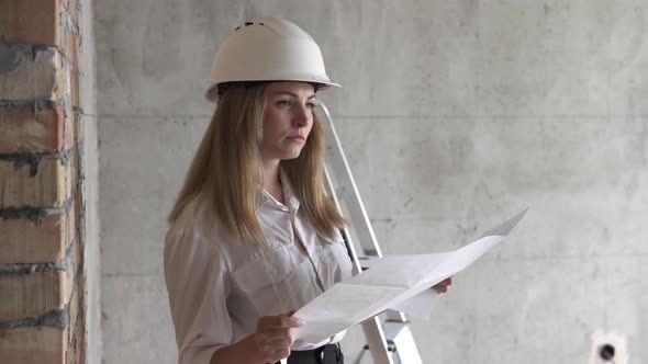 Girl engineer builder checks design drawings at a construction site. alt