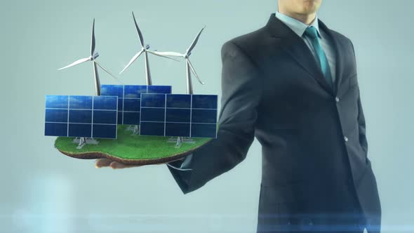 Business Man Has on Hand Green Energy Concept Build Animation Solar Panel and Windmill