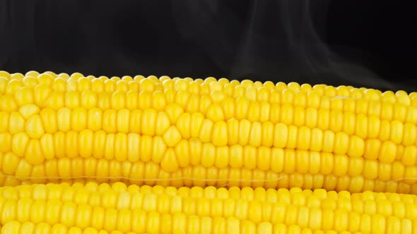 Hot corn cobs on black background. hot corn with steam. alt