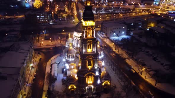 Holy Annunciation Cathedral, night Kharkiv aerial