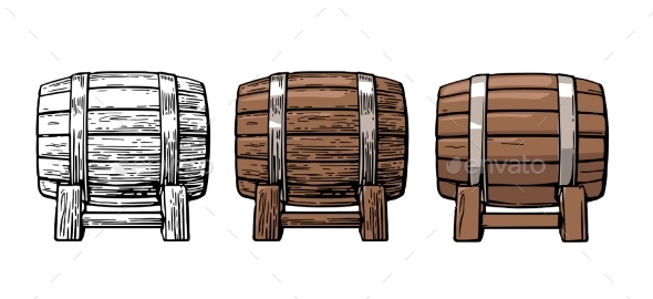 Wooden Barrel Color Vintage Engraving and Flat - Food Objects