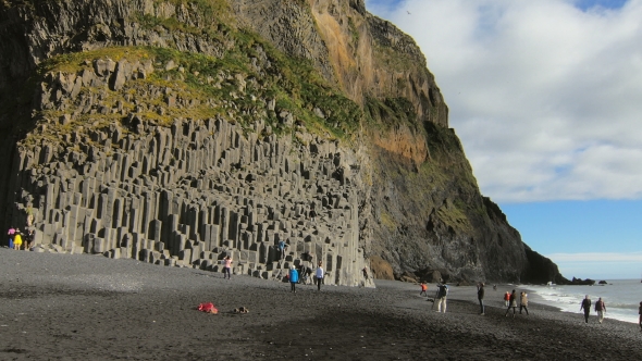 Famous Basalt Rocks On Black Sand Beach Reynisfjara In Iceland,in Sunny Fall Weather