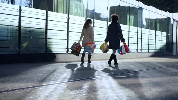 Two Friends After Shopping Go Down the Street