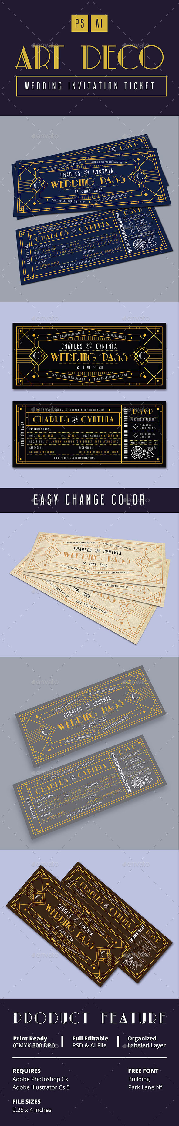 Art Deco Wedding Invitation Ticket Card - Weddings Cards & Invites