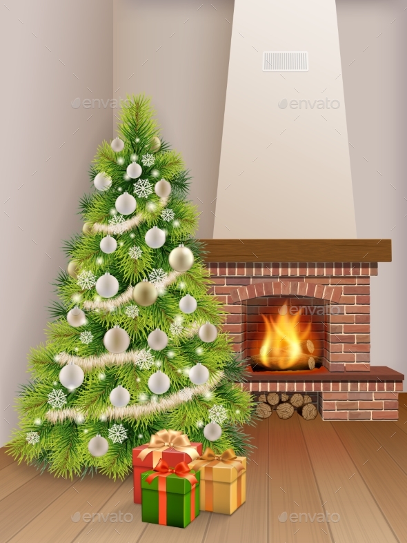 Interior Fireplace Christmas Tree Gift Box - Christmas Seasons/Holidays