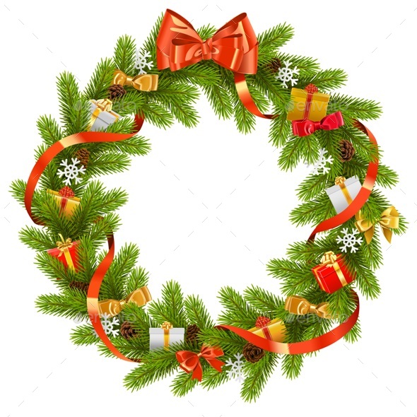 Vector Fir Wreath with Gifts - Christmas Seasons/Holidays