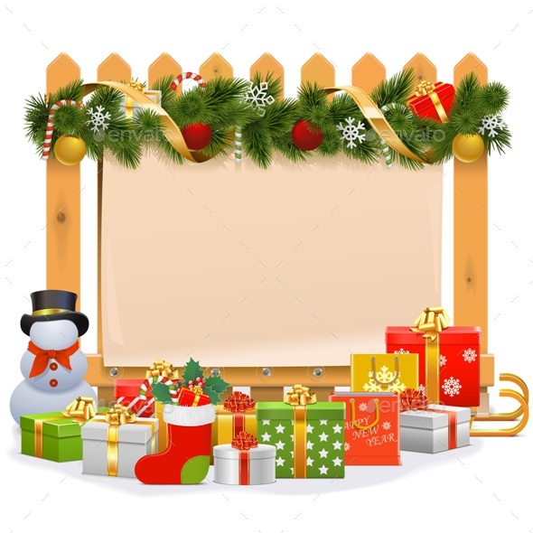 Vector Wooden Fence with Christmas Decoration - Christmas Seasons/Holidays