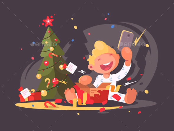 Child Opens Christmas Present. - People Characters