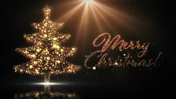 Gold Christmas Tree and Merry Christmas Text