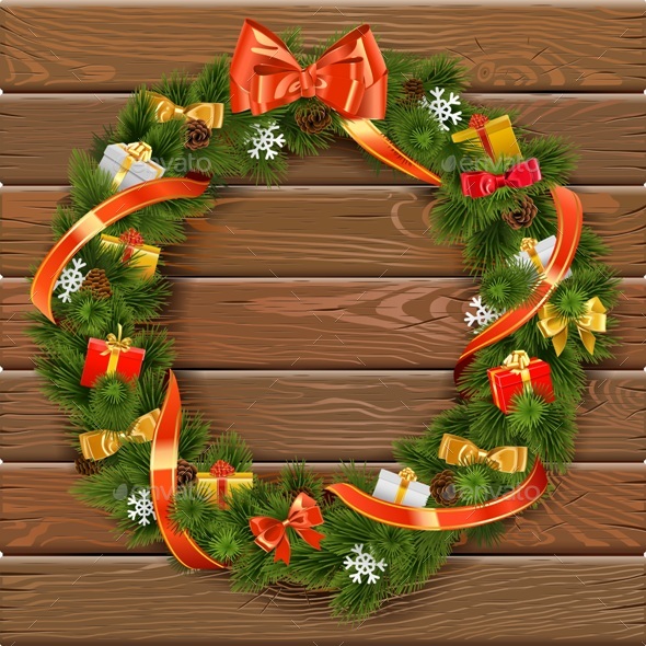 Vector Christmas Wreath on Wooden Board 10 - Christmas Seasons/Holidays
